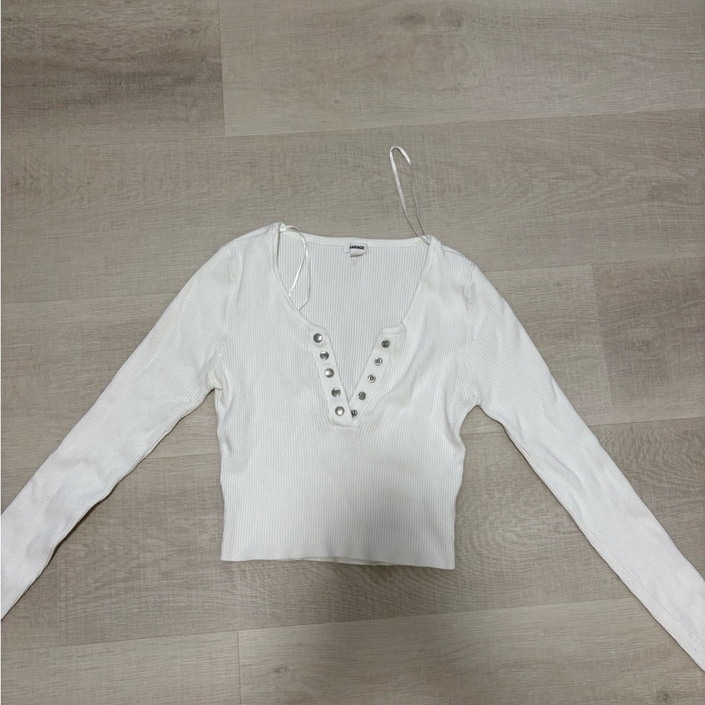 White Long Sleeve Ribbed Cropped Top